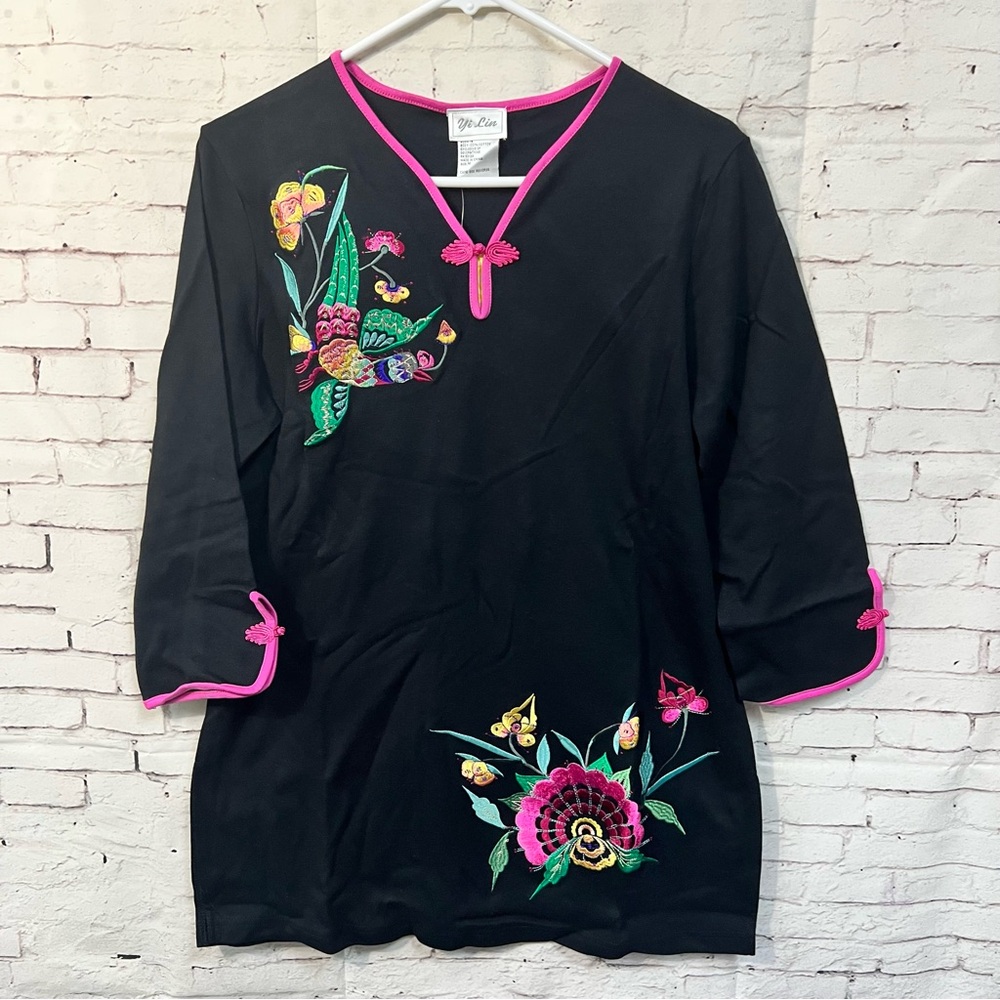 Yi Lin Blouse Size Medium Embroidered Asian Chinese Collar QVC New NWT